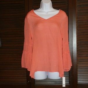 Zac & Rachel Coral Orange Blouse Top, Long Sleeve, Ruffles, Romantic V-Neck, S